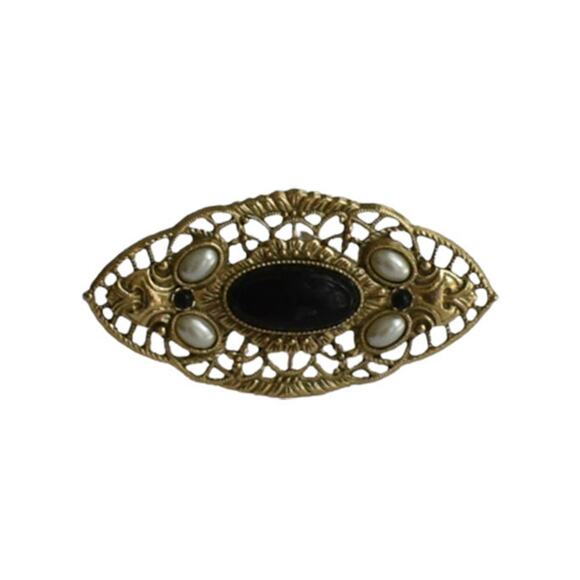 1990s 1928 Jewelry Co Gold Plate Filigree Faux Onyx Pearl Retro Victorian Brooch - Picture 1 of 3
